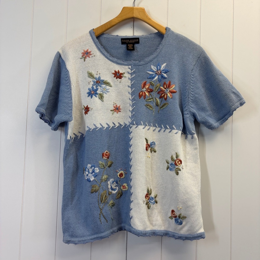 Vintage Salon Studio Haband Grannycore Embroidered Sweater Women Size XL Cottage